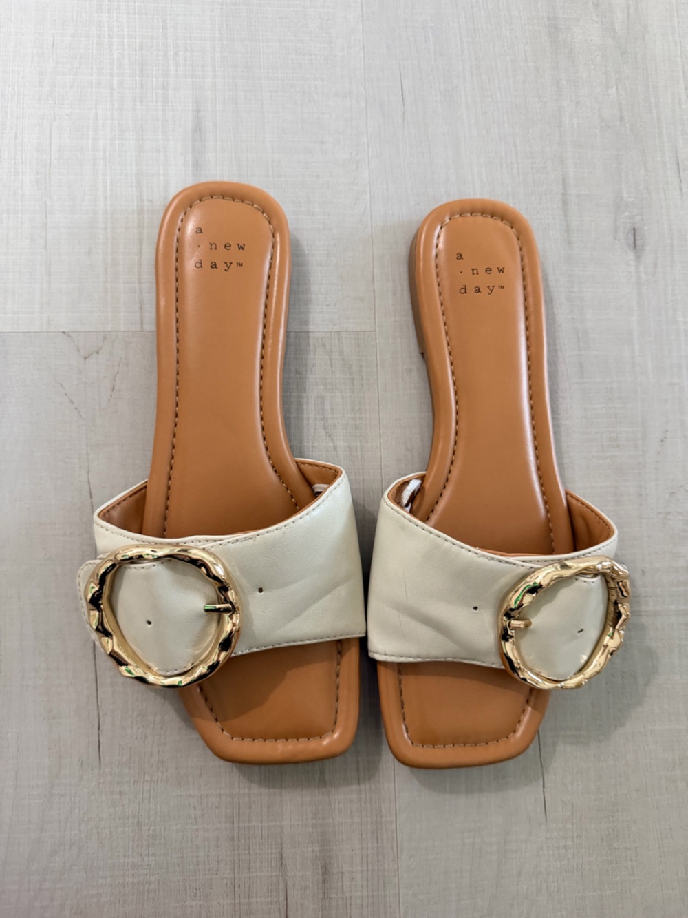 a new day Cream Slide Sandals with Gold Buckle
